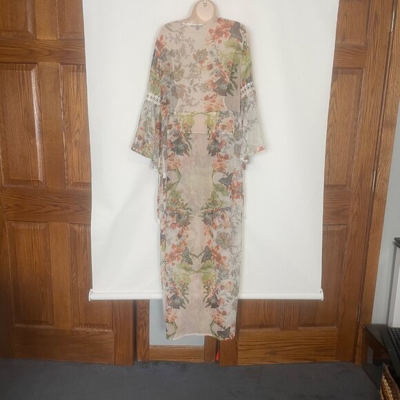 Alberto Makali Floral Sheer Long Dress Lace Trim Bell Sleeves Peasant Boho M - Picture 12 of 16